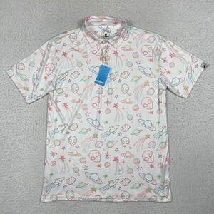 Proud 90 Golf Polo Mens XL White Space Alien UFO Rainbow Performance Shirt